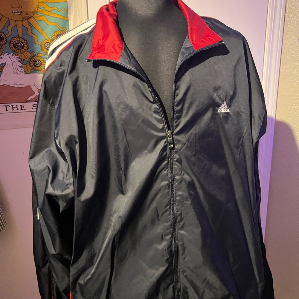 Adidas Men's Black Windbreaker with Red and White Highlights